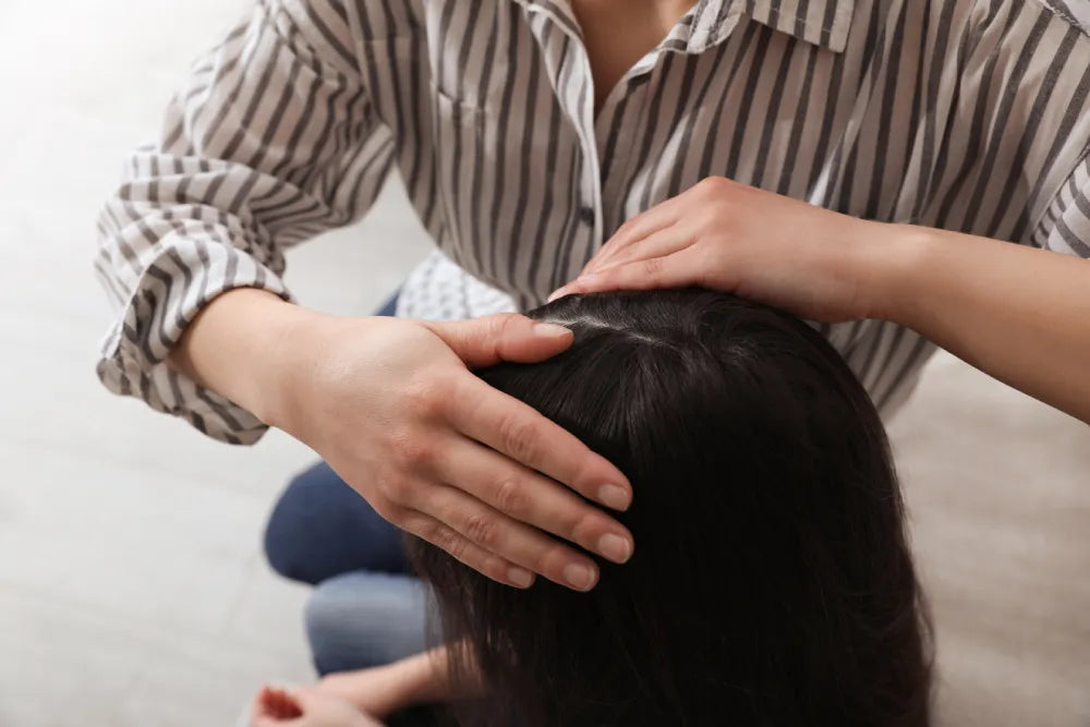 Hands examining scalp to apply natural beef tallow scalp treatment
