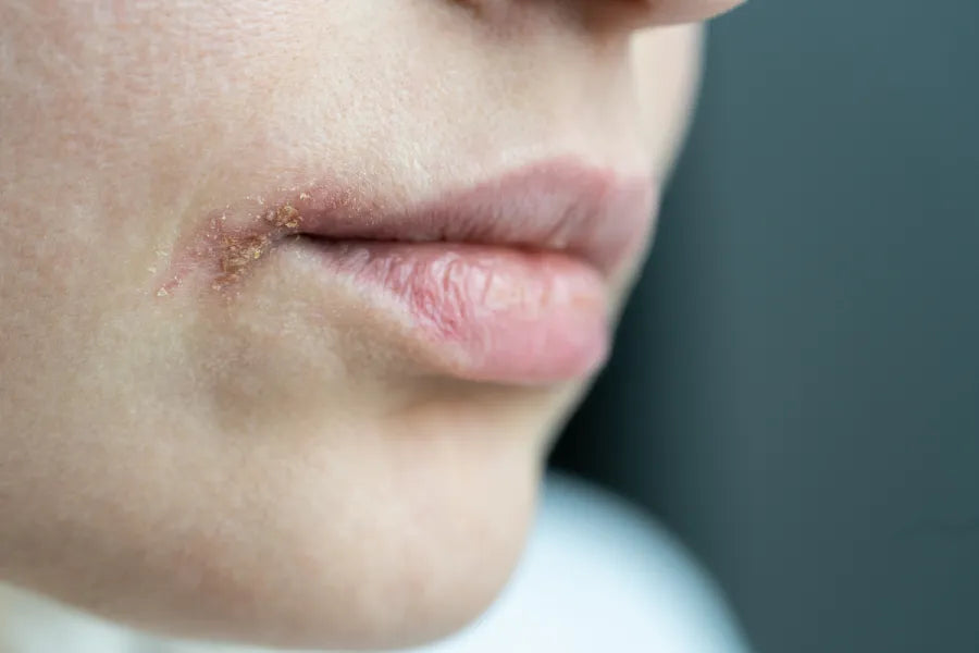 Close-up of severely chapped lips and dry, irritated skin around the mouth, highlighting the need for a targeted skincare routine
