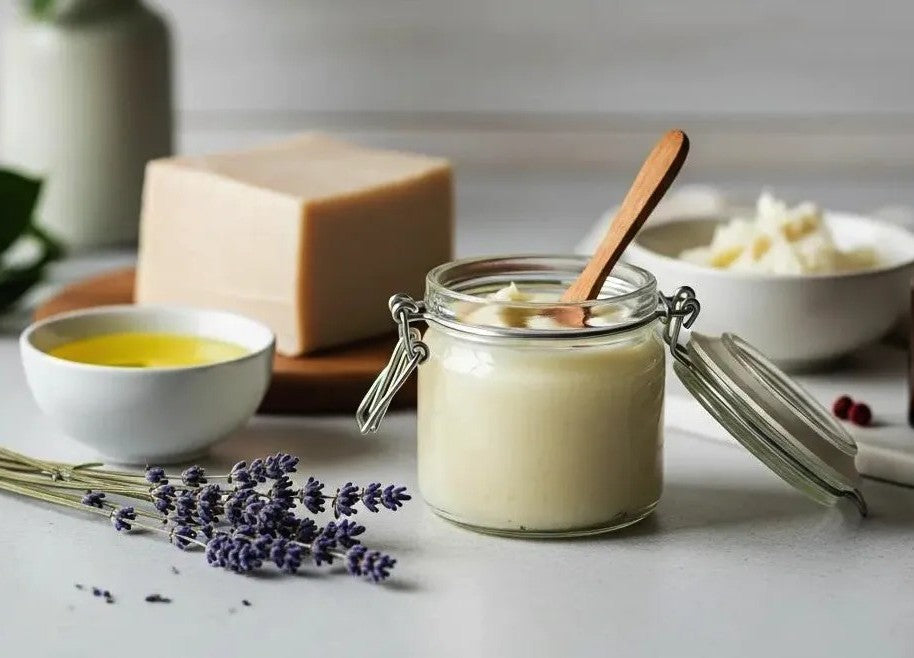 A glass jar of homemade tallow balm with a wooden spoon, surrounded by soap, solid white tallow, and lavender.