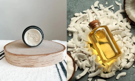 A side-by-side image of beef tallow for hair on the left and a bottle of coconut oil on the right with coconut shavings surrounding it.