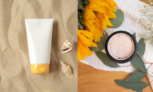 Natural tallow sunscreen on beach sand for clean summer skincare