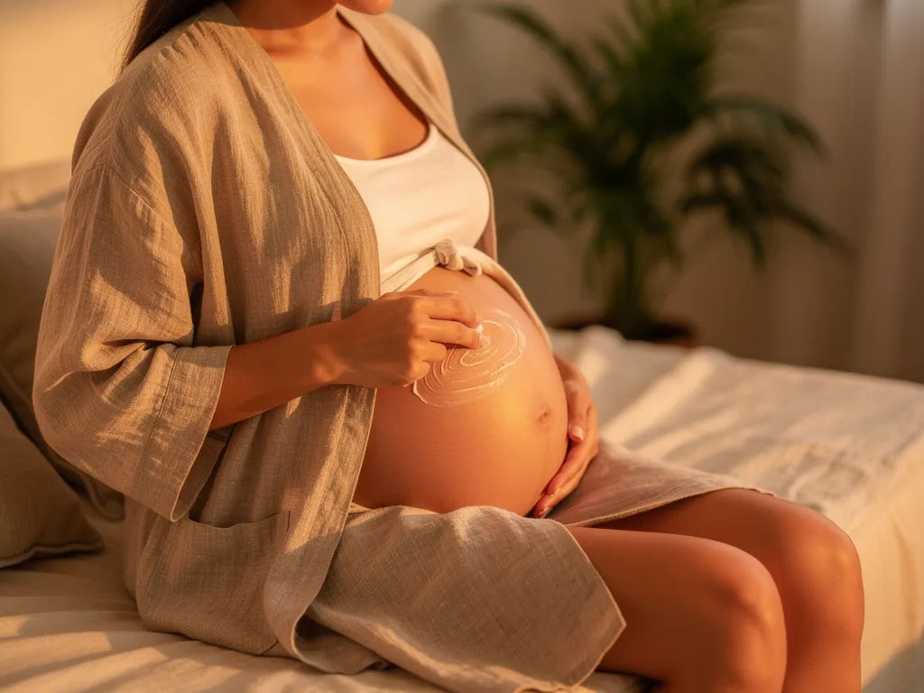 Woman applying tallow moisturizer to pregnant belly to help reduce stretch marks